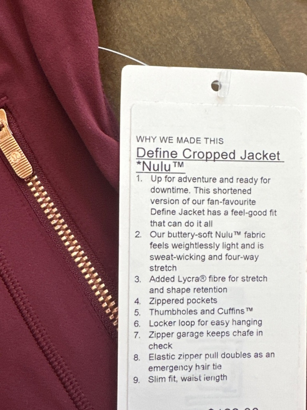 LULULEMON DEFINE CROPPED JACKET NULU BURGUNDY BAY/ROSE GOLD SZ 8 NEW - Picture 4 of 6